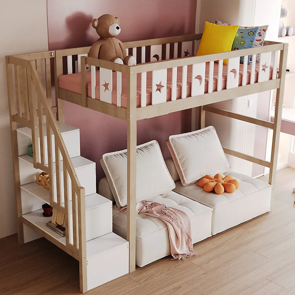 Okwish Lit mezzanine 90x200 cm enfant avec escalier intégré et sécurité, décor lune et étoiles, bois massif blanc et bois sans matelas