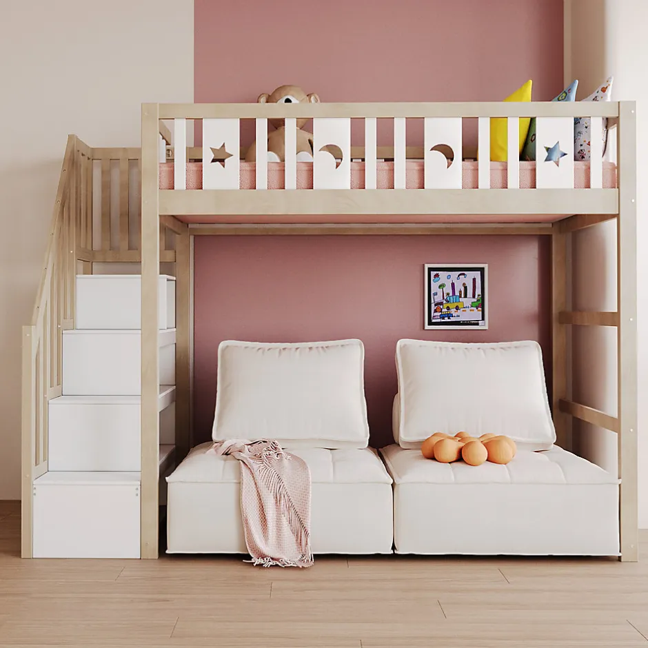 Okwish Lit mezzanine 90x200 cm enfant avec escalier intégré et sécurité, décor lune et étoiles, bois massif blanc et bois sans matelas