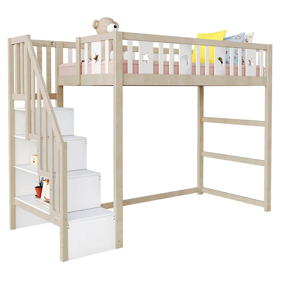 Okwish Lit mezzanine 90x200 cm enfant avec escalier intégré et sécurité, décor lune et étoiles, bois massif blanc et bois sans matelas