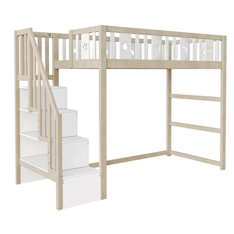 Okwish Lit mezzanine 90x200 cm enfant avec escalier intégré et sécurité, décor lune et étoiles, bois massif blanc et bois sans matelas
