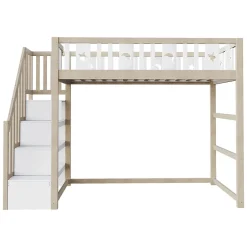Okwish Lit mezzanine 90x200 cm enfant avec escalier intégré et sécurité, décor lune et étoiles, bois massif blanc et bois sans matelas