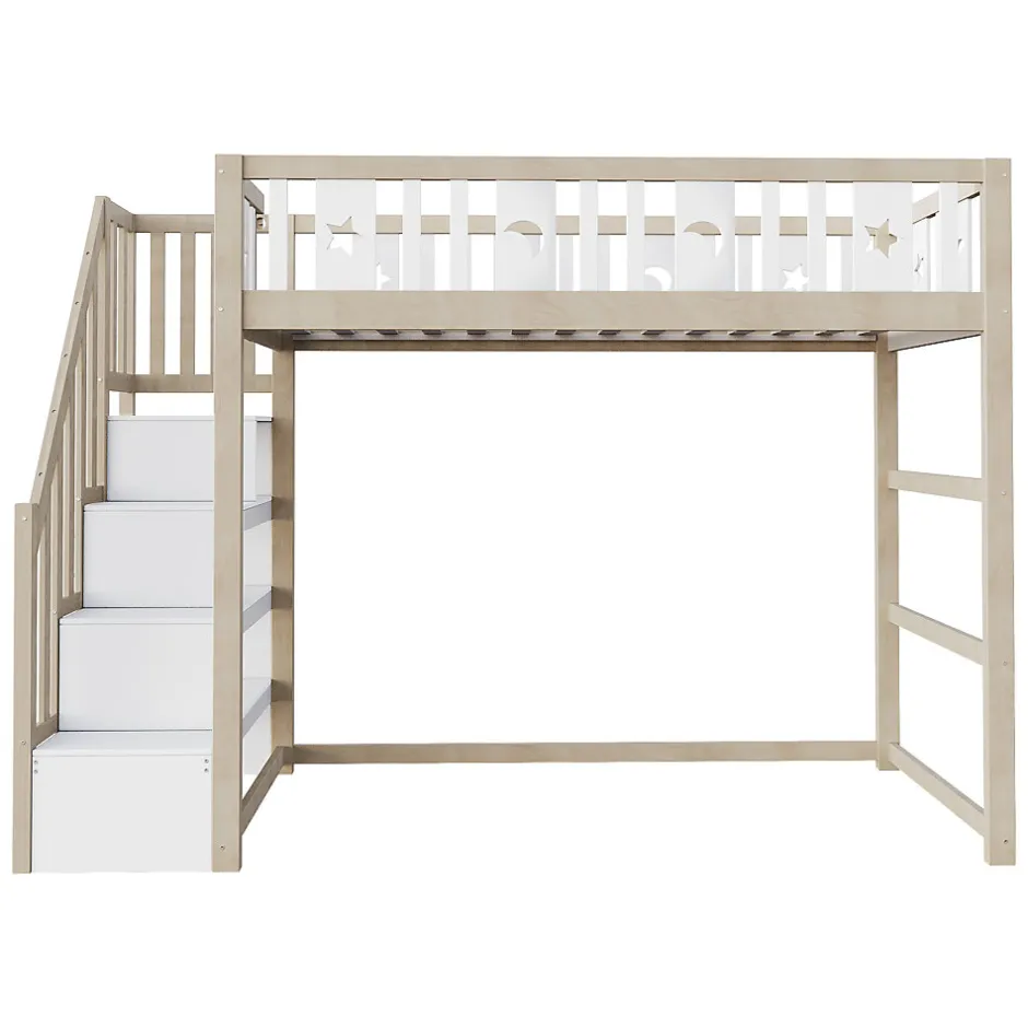 Okwish Lit mezzanine 90x200 cm enfant avec escalier intégré et sécurité, décor lune et étoiles, bois massif blanc et bois sans matelas