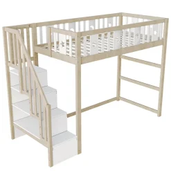Okwish Lit mezzanine 90x200 cm enfant avec escalier intégré et sécurité, décor lune et étoiles, bois massif blanc et bois sans matelas