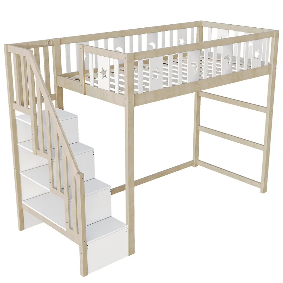 Okwish Lit mezzanine 90x200 cm enfant avec escalier intégré et sécurité, décor lune et étoiles, bois massif blanc et bois sans matelas
