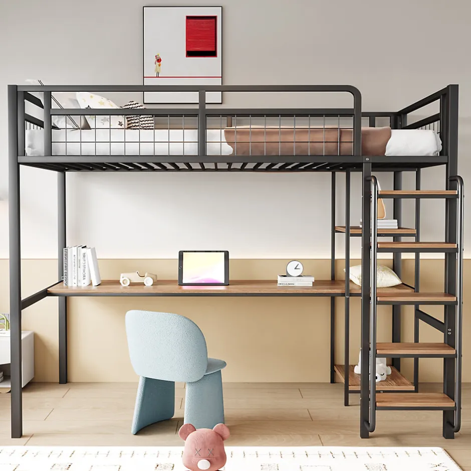 Okwish Lit mezzanine 90x200 cm enfant métal, bureau et étagères intégrés, échelle de sécurité, garde-corps métal, noir - Sans matelas