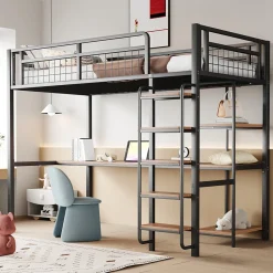 Okwish Lit mezzanine 90x200 cm enfant métal, bureau et étagères intégrés, échelle de sécurité, garde-corps métal, noir - Sans matelas