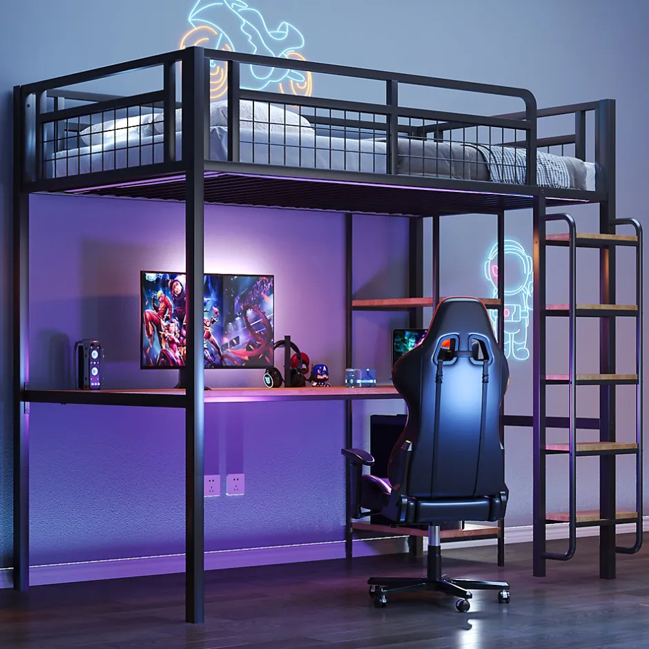 Okwish Lit mezzanine 90x200 cm enfant métal, bureau et étagères intégrés, échelle de sécurité, garde-corps métal, noir - Sans matelas