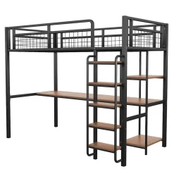 Okwish Lit mezzanine 90x200 cm enfant métal, bureau et étagères intégrés, échelle de sécurité, garde-corps métal, noir - Sans matelas