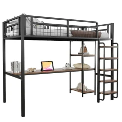 Okwish Lit mezzanine 90x200 cm enfant métal, bureau et étagères intégrés, échelle de sécurité, garde-corps métal, noir - Sans matelas