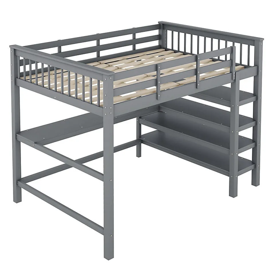 Enfant Aapaas Lit mezzanine 140x200 cm gris sans matelas avec bureau integre et etageres pour chambre enfant