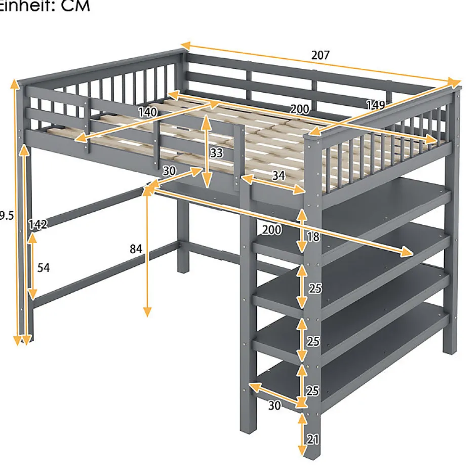 Enfant Aapaas Lit mezzanine 140x200 cm gris sans matelas avec bureau integre et etageres pour chambre enfant