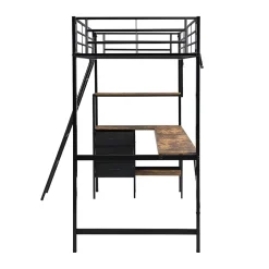 Okwish Lit Mezzanine 90x200 cm, Lit Ado en Métal avec Grand Bureau 2 m et 3 Tiroirs de Rangement, Style Industriel - Noir + Noyer Foncé New