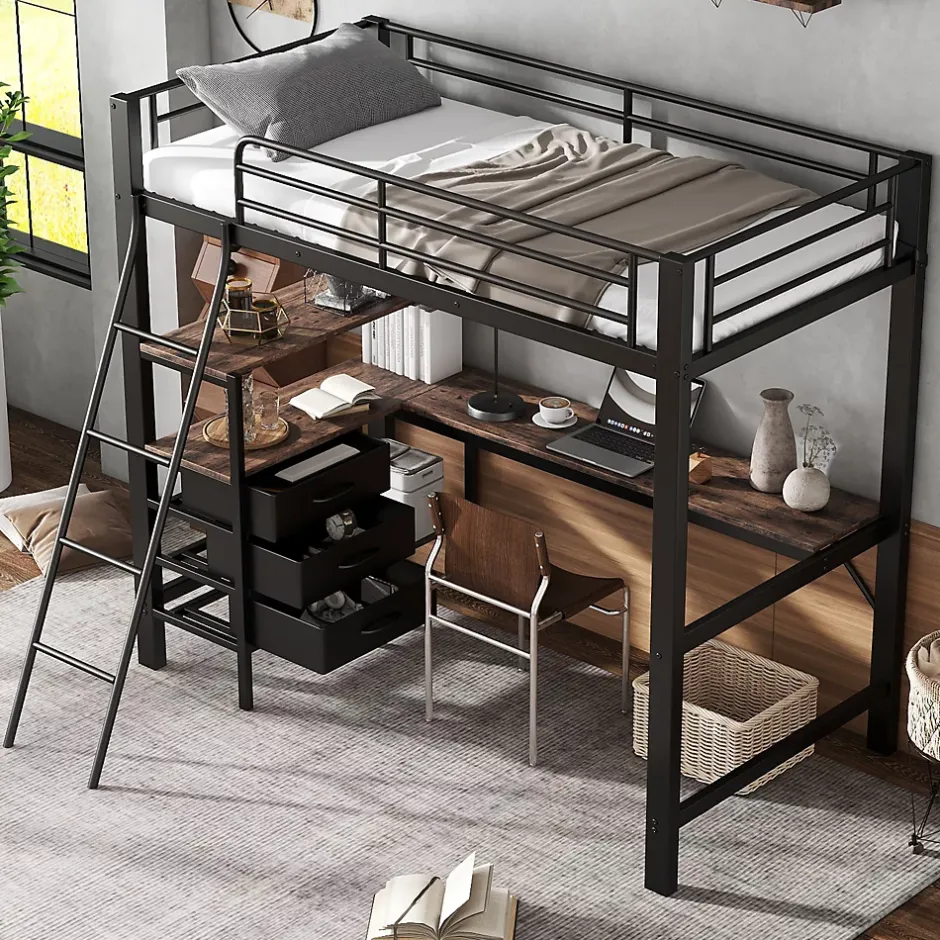 Okwish Lit Mezzanine 90x200 cm, Lit Ado en Métal avec Grand Bureau 2 m et 3 Tiroirs de Rangement, Style Industriel - Noir + Noyer Foncé New