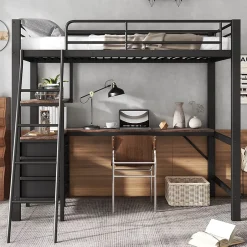 Okwish Lit Mezzanine 90x200 cm, Lit Ado en Métal avec Grand Bureau 2 m et 3 Tiroirs de Rangement, Style Industriel - Noir + Noyer Foncé New