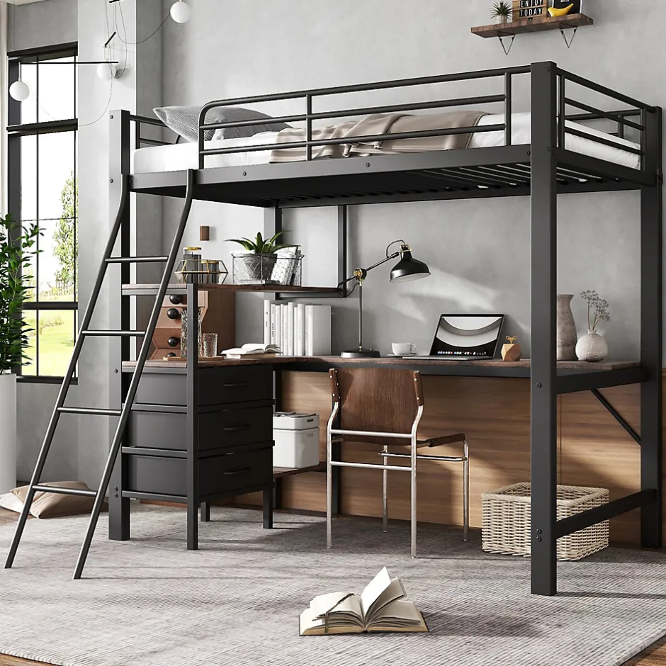 Okwish Lit Mezzanine 90x200 cm, Lit Ado en Métal avec Grand Bureau 2 m et 3 Tiroirs de Rangement, Style Industriel - Noir + Noyer Foncé New