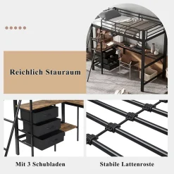 Okwish Lit Mezzanine 90x200 cm, Lit Ado en Métal avec Grand Bureau 2 m et 3 Tiroirs de Rangement, Style Industriel - Noir + Noyer Foncé New
