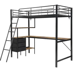 Okwish Lit Mezzanine 90x200 cm, Lit Ado en Métal avec Grand Bureau 2 m et 3 Tiroirs de Rangement, Style Industriel - Noir + Noyer Foncé New