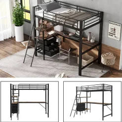 Okwish Lit Mezzanine 90x200 cm, Lit Ado en Métal avec Grand Bureau 2 m et 3 Tiroirs de Rangement, Style Industriel - Noir + Noyer Foncé New