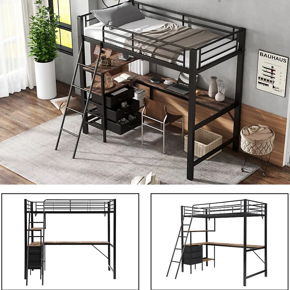 Okwish Lit Mezzanine 90x200 cm, Lit Ado en Métal avec Grand Bureau 2 m et 3 Tiroirs de Rangement, Style Industriel - Noir + Noyer Foncé New