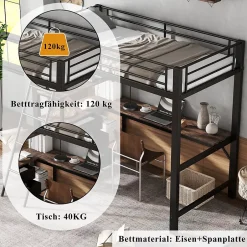 Okwish Lit Mezzanine 90x200 cm, Lit Ado en Métal avec Grand Bureau 2 m et 3 Tiroirs de Rangement, Style Industriel - Noir + Noyer Foncé New