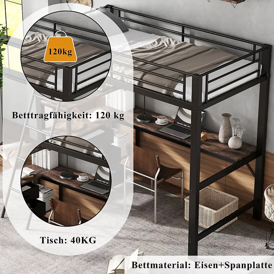 Okwish Lit Mezzanine 90x200 cm, Lit Ado en Métal avec Grand Bureau 2 m et 3 Tiroirs de Rangement, Style Industriel - Noir + Noyer Foncé New