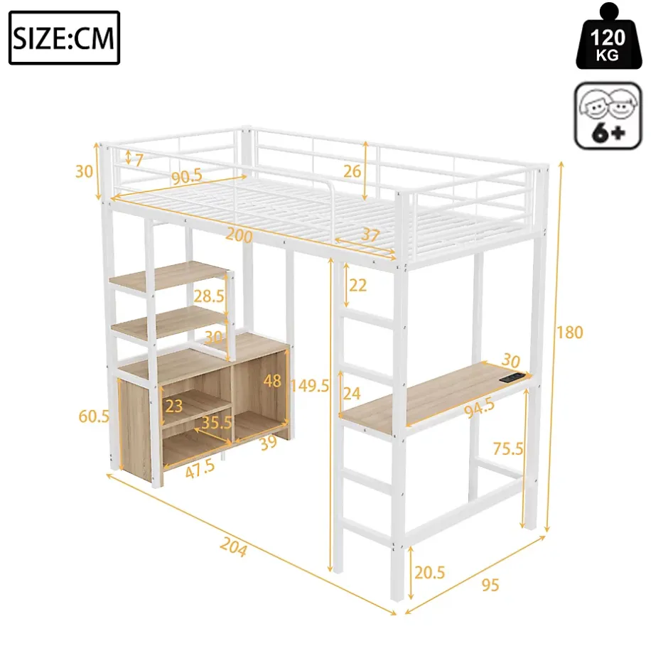 Okwish Lit Mezzanine 90x200 cm, Lit Ado en Métal avec Bureau et Prises USB, Rangements Ouverts Intégrés - Blanc New