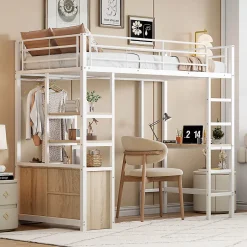 Okwish Lit Mezzanine 90x200 cm, Lit Ado en Métal avec Bureau et Prises USB, Rangements Ouverts Intégrés - Blanc New