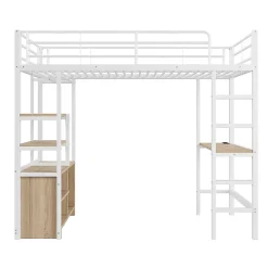 Okwish Lit Mezzanine 90x200 cm, Lit Ado en Métal avec Bureau et Prises USB, Rangements Ouverts Intégrés - Blanc New