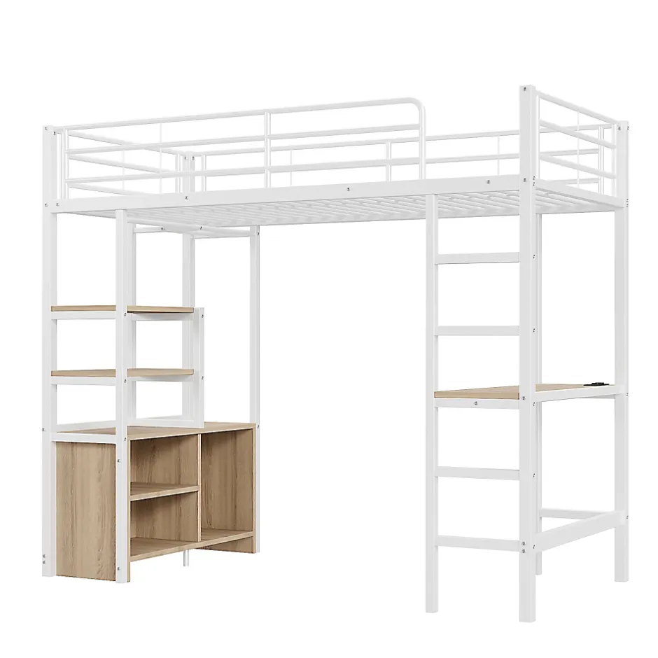 Okwish Lit Mezzanine 90x200 cm, Lit Ado en Métal avec Bureau et Prises USB, Rangements Ouverts Intégrés - Blanc New