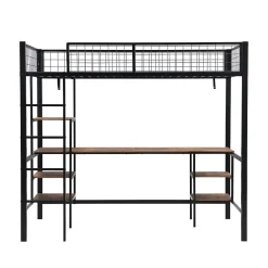 Okwish Lit Mezzanine 90x200 cm, Lit Ado en Métal avec Bureau et Étagères Intégrées, Style Industriel Gain de Place - Noir New