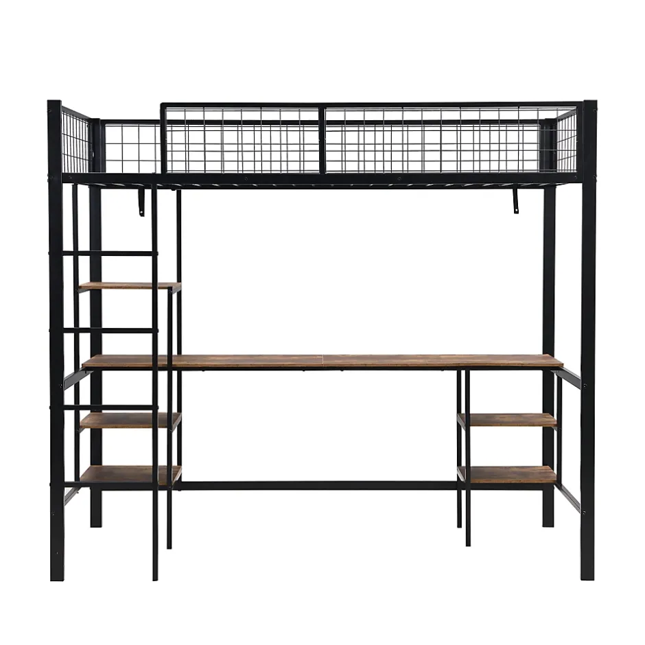 Okwish Lit Mezzanine 90x200 cm, Lit Ado en Métal avec Bureau et Étagères Intégrées, Style Industriel Gain de Place - Noir New