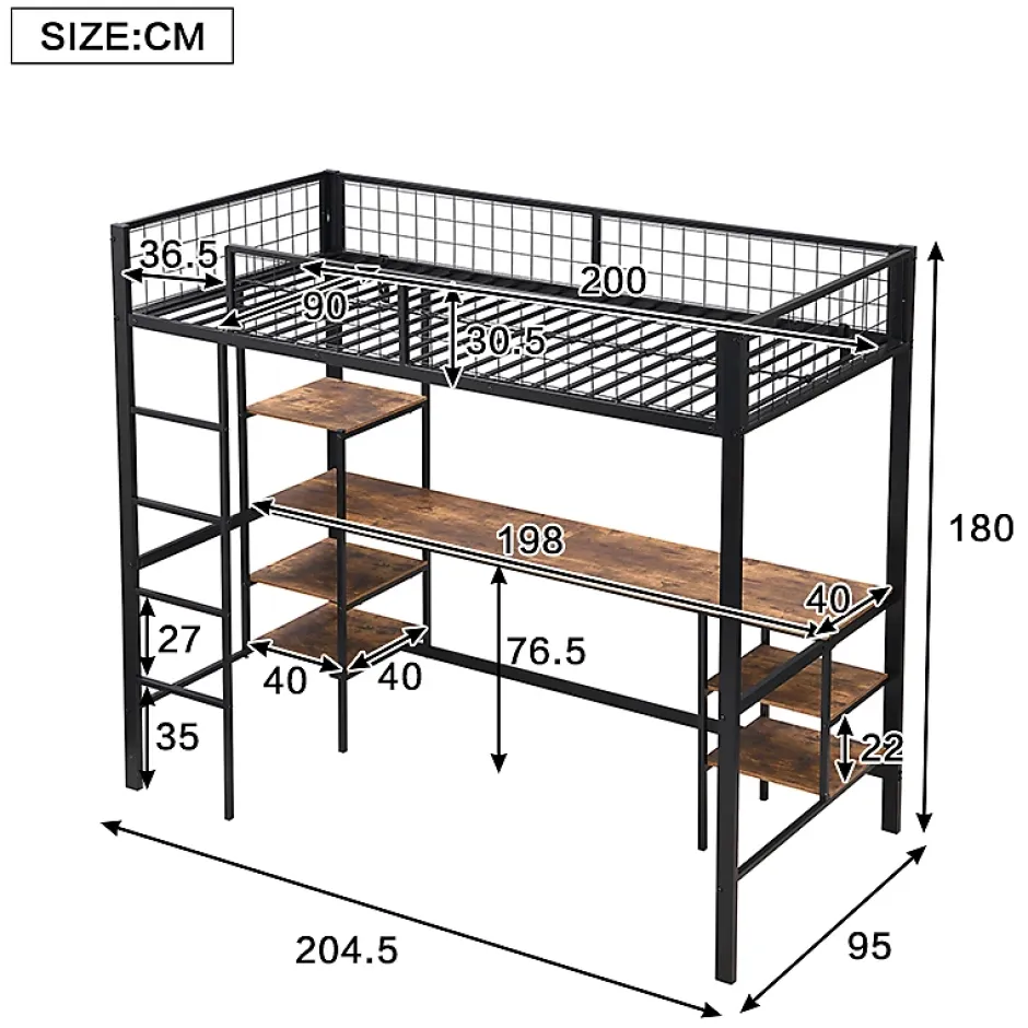Okwish Lit Mezzanine 90x200 cm, Lit Ado en Métal avec Bureau et Étagères Intégrées, Style Industriel Gain de Place - Noir New