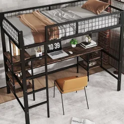 Okwish Lit Mezzanine 90x200 cm, Lit Ado en Métal avec Bureau et Étagères Intégrées, Style Industriel Gain de Place - Noir New