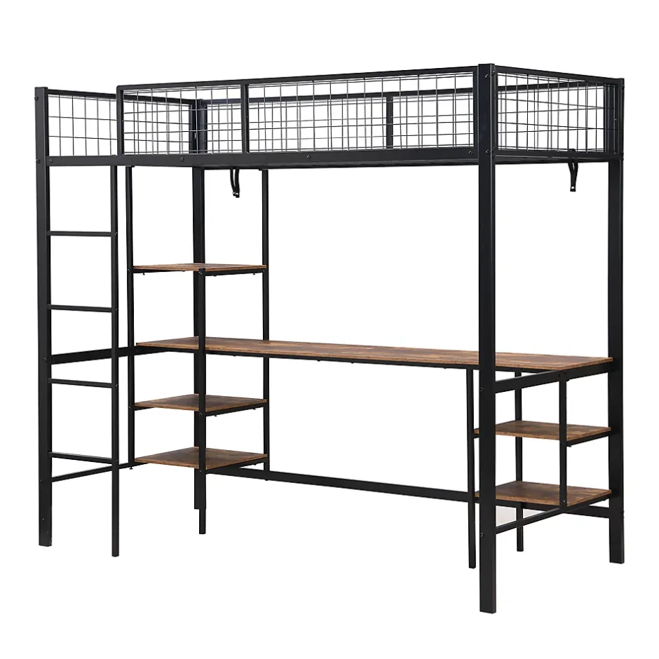 Okwish Lit Mezzanine 90x200 cm, Lit Ado en Métal avec Bureau et Étagères Intégrées, Style Industriel Gain de Place - Noir New