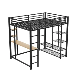 Generique Lit Mezzanine 140x200 cm, Lit Double Ado avec Bureau Intégré et Échelle Sécurisée, Structure Métal et MDF, Sans Matelas - Noir Hot