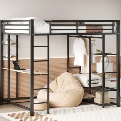 Generique Lit Mezzanine 140x200 cm, Lit Double Ado avec Bureau Intégré et Échelle Sécurisée, Structure Métal et MDF, Sans Matelas - Noir Hot