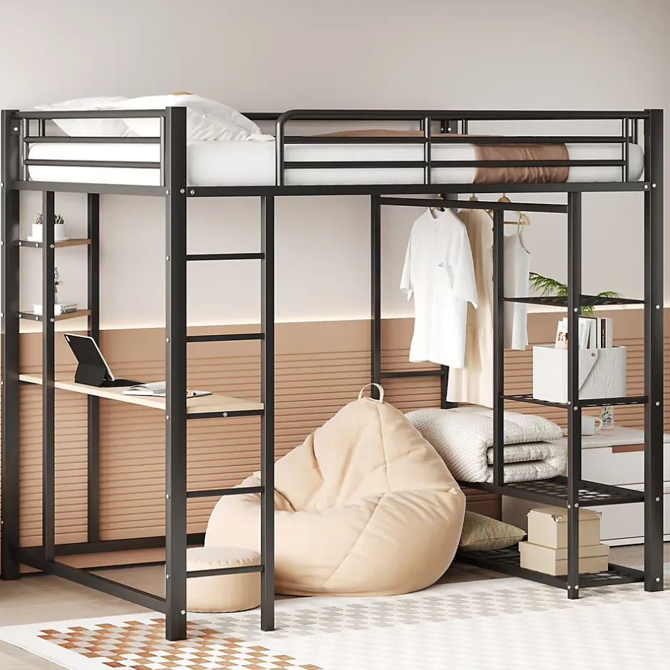 Generique Lit Mezzanine 140x200 cm, Lit Double Ado avec Bureau Intégré et Échelle Sécurisée, Structure Métal et MDF, Sans Matelas - Noir Hot