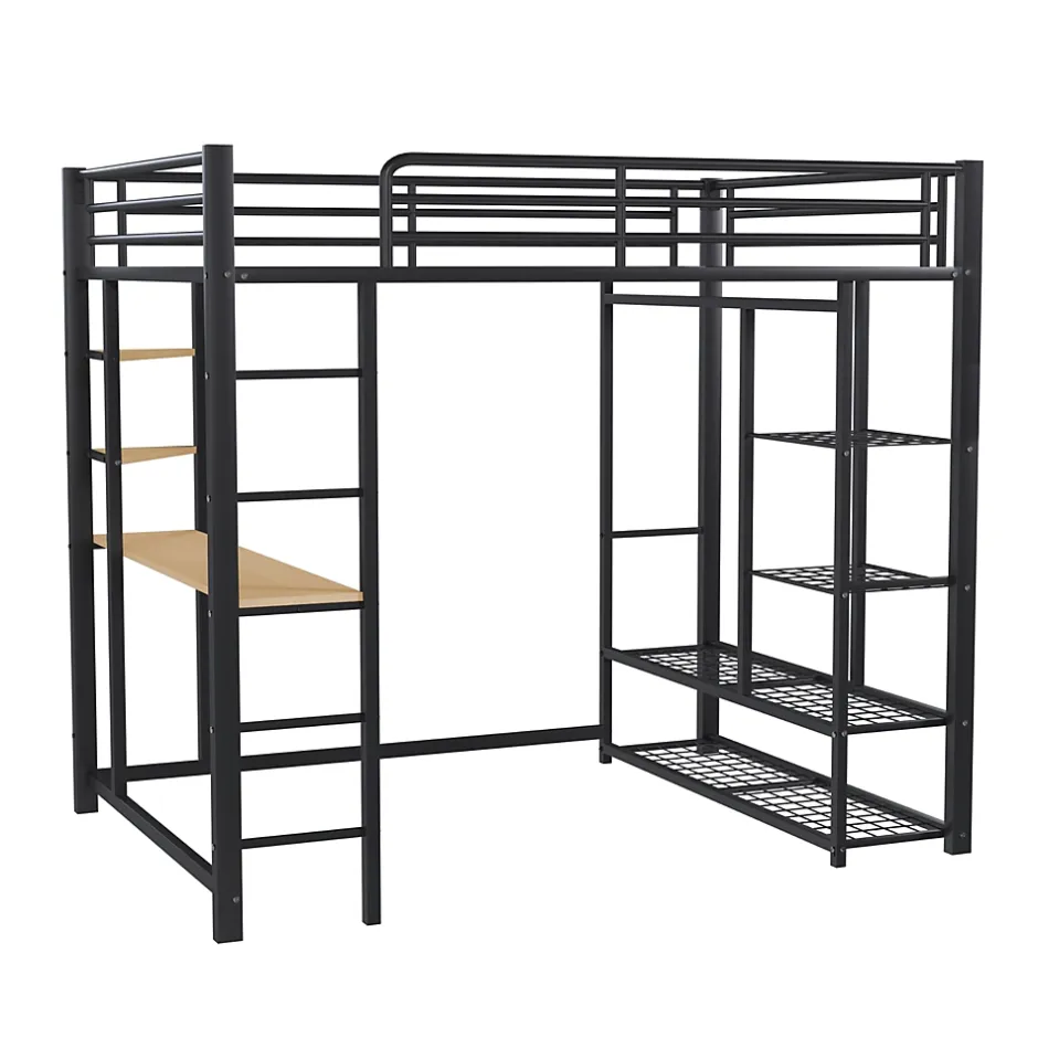 Generique Lit Mezzanine 140x200 cm, Lit Double Ado avec Bureau Intégré et Échelle Sécurisée, Structure Métal et MDF, Sans Matelas - Noir Hot