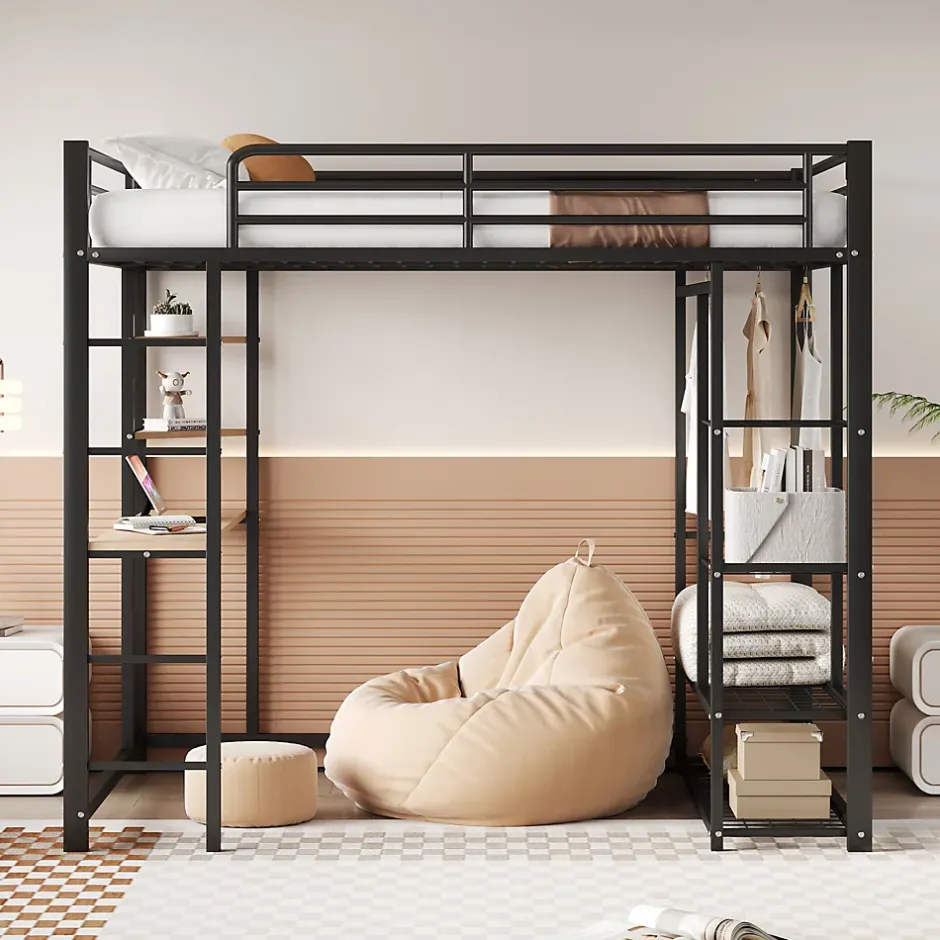 Generique Lit Mezzanine 140x200 cm, Lit Double Ado avec Bureau Intégré et Échelle Sécurisée, Structure Métal et MDF, Sans Matelas - Noir Hot