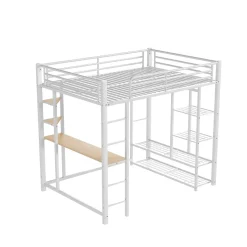 Okwish Lit Mezzanine 140x200 cm, Lit Double Ado avec Bureau Intégré et Échelle Sécurisée, Structure Métal et MDF, Sans Matelas - Blanc Discount