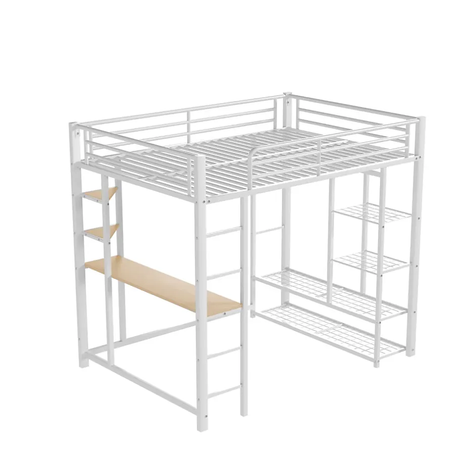Okwish Lit Mezzanine 140x200 cm, Lit Double Ado avec Bureau Intégré et Échelle Sécurisée, Structure Métal et MDF, Sans Matelas - Blanc Discount