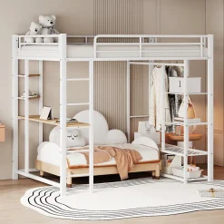 Okwish Lit Mezzanine 140x200 cm, Lit Double Ado avec Bureau Intégré et Échelle Sécurisée, Structure Métal et MDF, Sans Matelas - Blanc Discount
