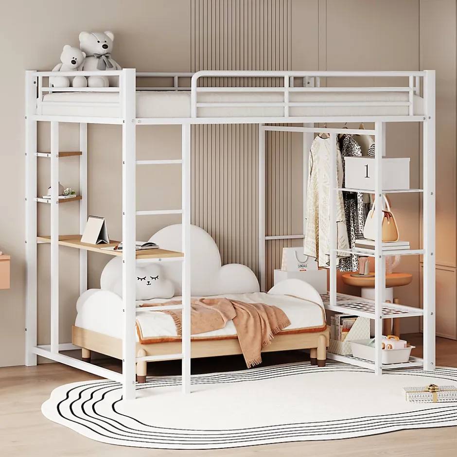 Okwish Lit Mezzanine 140x200 cm, Lit Double Ado avec Bureau Intégré et Échelle Sécurisée, Structure Métal et MDF, Sans Matelas - Blanc Discount