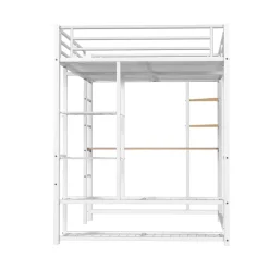Okwish Lit Mezzanine 140x200 cm, Lit Double Ado avec Bureau Intégré et Échelle Sécurisée, Structure Métal et MDF, Sans Matelas - Blanc Discount