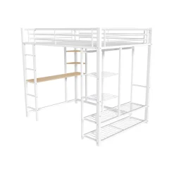 Okwish Lit Mezzanine 140x200 cm, Lit Double Ado avec Bureau Intégré et Échelle Sécurisée, Structure Métal et MDF, Sans Matelas - Blanc Discount