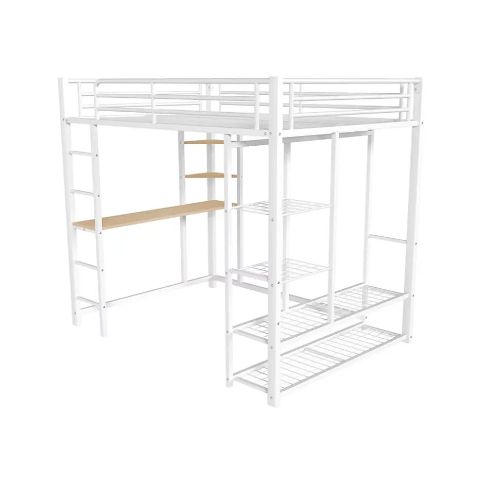 Okwish Lit Mezzanine 140x200 cm, Lit Double Ado avec Bureau Intégré et Échelle Sécurisée, Structure Métal et MDF, Sans Matelas - Blanc Discount