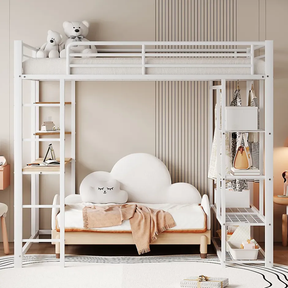 Okwish Lit Mezzanine 140x200 cm, Lit Double Ado avec Bureau Intégré et Échelle Sécurisée, Structure Métal et MDF, Sans Matelas - Blanc Discount