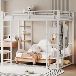 Okwish Lit Mezzanine 140x200 cm, Lit Double Ado avec Bureau Intégré et Échelle Sécurisée, Structure Métal et MDF, Sans Matelas - Blanc Discount