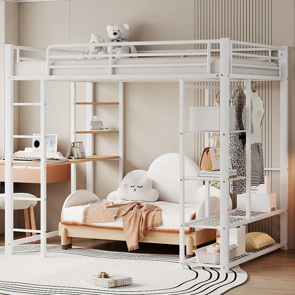 Okwish Lit Mezzanine 140x200 cm, Lit Double Ado avec Bureau Intégré et Échelle Sécurisée, Structure Métal et MDF, Sans Matelas - Blanc Discount
