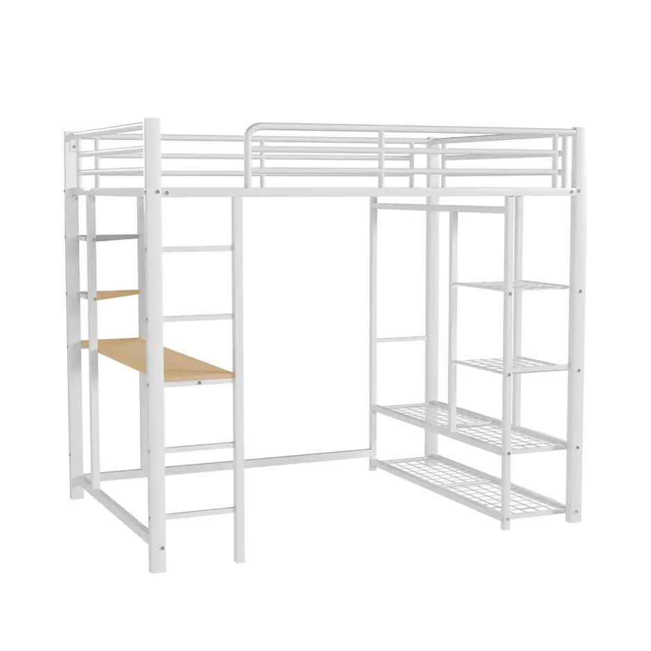 Okwish Lit Mezzanine 140x200 cm, Lit Double Ado avec Bureau Intégré et Échelle Sécurisée, Structure Métal et MDF, Sans Matelas - Blanc Discount